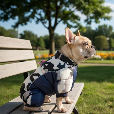 Chien sur un banc avec manteau pour Chien Commando noir imprimé