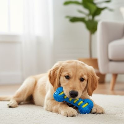 chien tranquille avec son Jouet indestructible pour chien DentiJouet Bleu