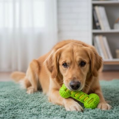 chien tranquille avec son Jouet indestructible pour chien DentiJouet Vert