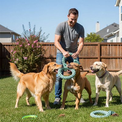 chiens heureux  jouant avec leur maitre au parc avec Jouet indestructible Chien Cord 'Play