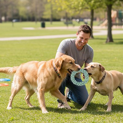 chiens jouant avec leur maitre au parc avec Jouet indestructible Chien Cord 'Play
