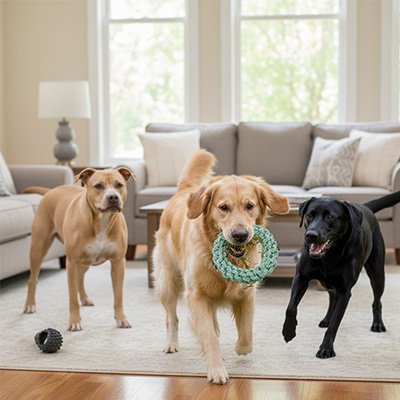 chiens jouant dans salon avec Jouet indestructible Chien Cord 'Play