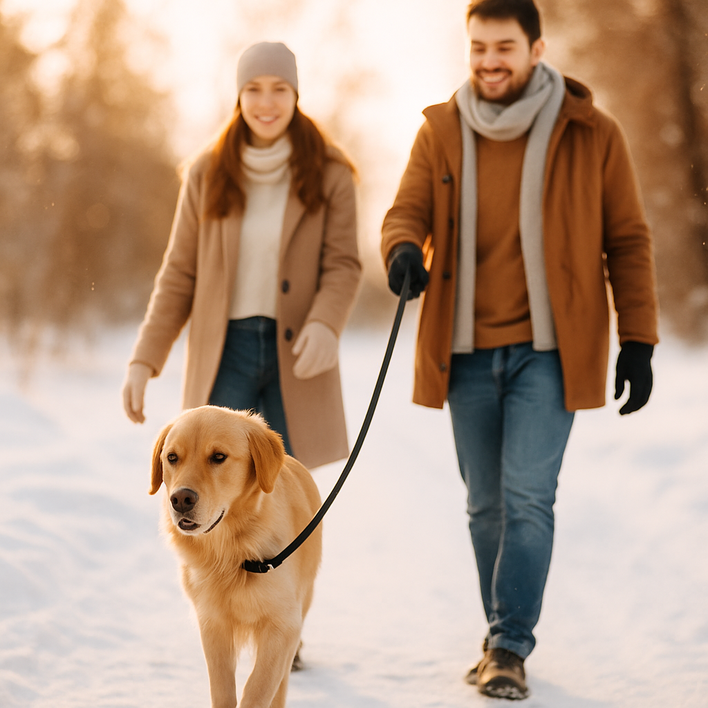 couple promenant son chien avec une laisse pour chien noire