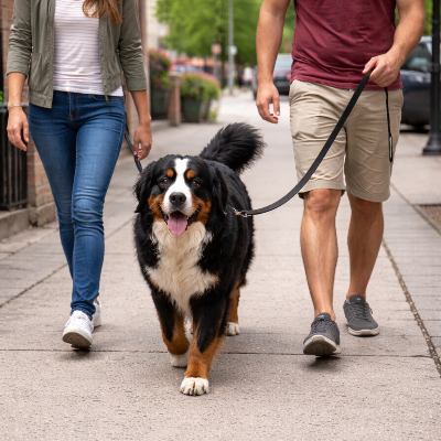 couple se promenant en ville avec leur chien en longe pour chien Larga noir