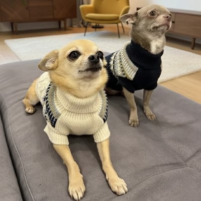 Deux chiens assis sur tapis en pull chien Maille irlandaise écru et marine