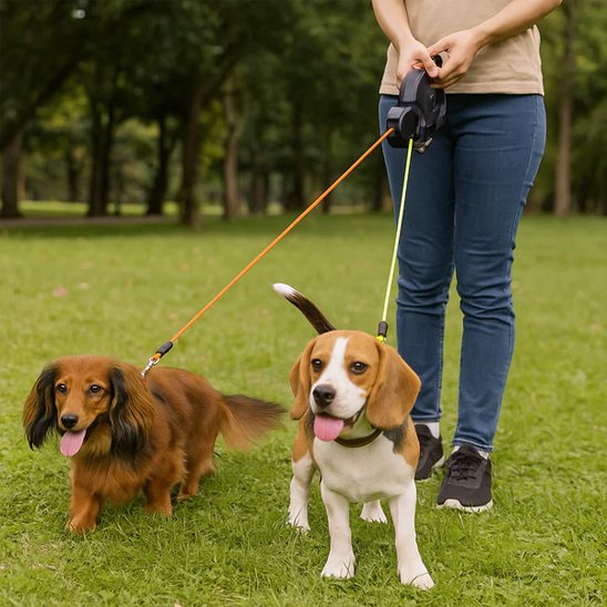 Deux chiens en double laisse pour chiens Duo enrouleur noir avec leur maitresse
