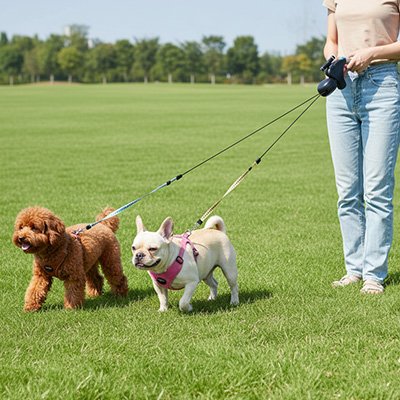 Deux chiens en laisse double pour Chiens Balade Jumelle grise au parc avec leur maitresse