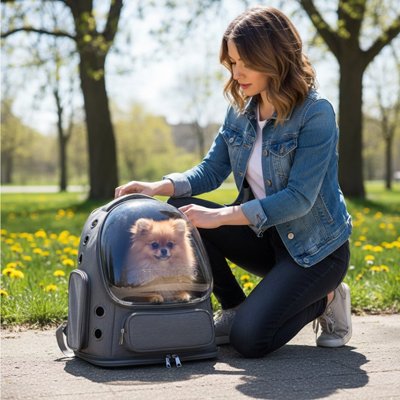Femme à genoux avec son chien dans sac a dos chien Canipack kaki