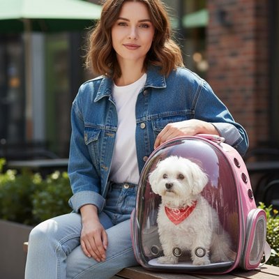 Femme assise avec son petit chien dans sac à dos Chien Bulle rose