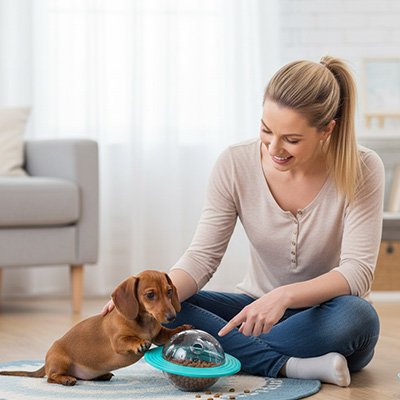 femme assise montrant à son chien le jouet chien Planète bleu