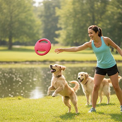Femme au parc jouant avec ses chiens avec un Frisbee chien rose