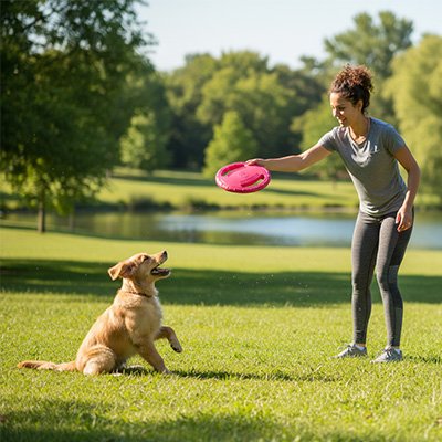 femme au parc lançant à son chien un Frisbee chien rose