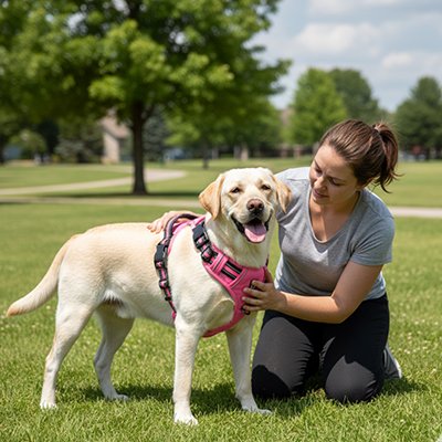 Femme avec son Chien au parc avec harnais chien anti traction Tactique Pro rose
