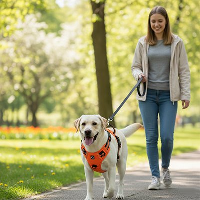 Femme avec son Chien en balade  avec harnais chien anti traction Tactique Pro orange