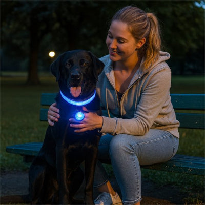 femme avec son chien en collier lumineux pour chien bleu