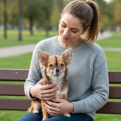Femme avec son petit chien en muselière pour chien​ Petit Museau  Noir 