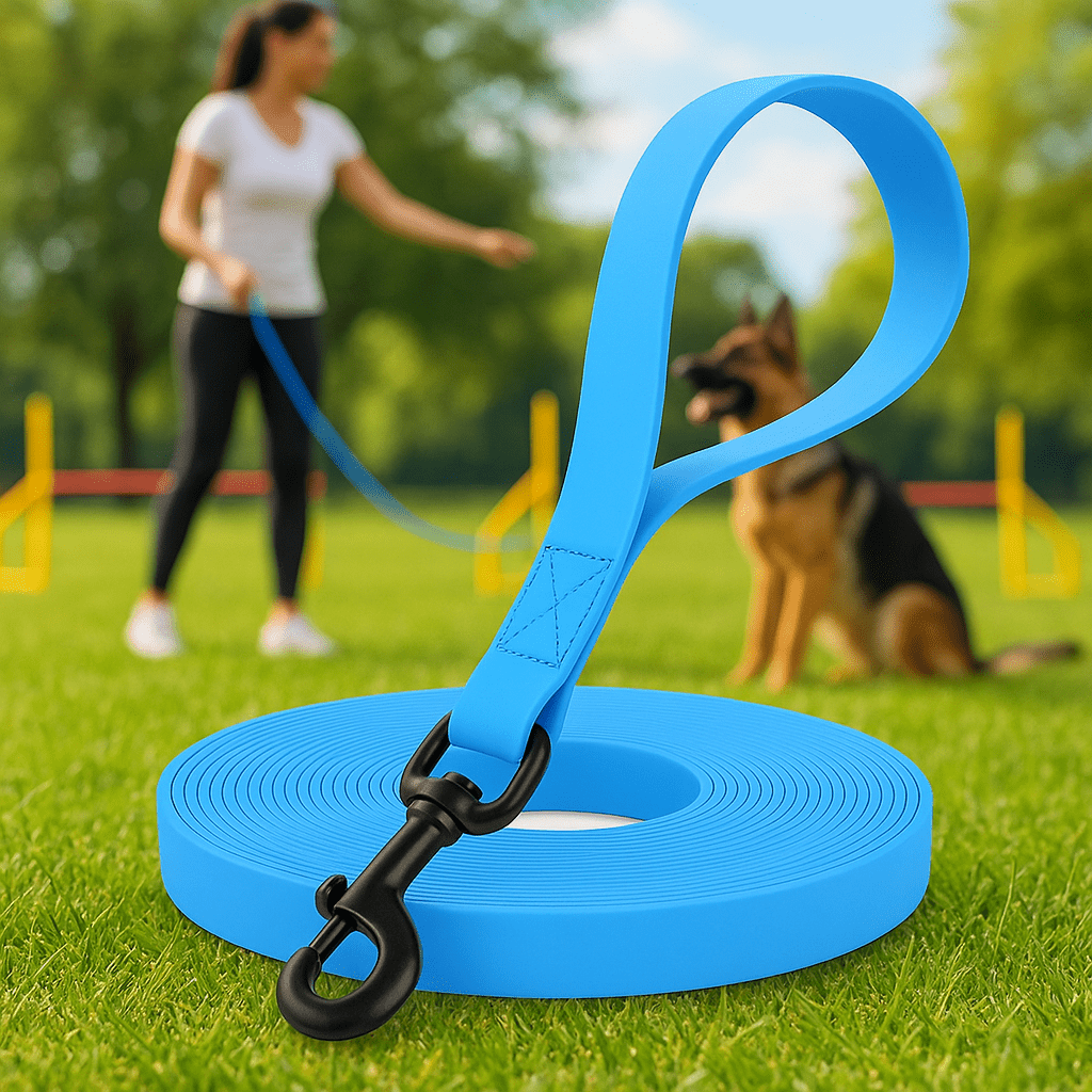 femme éduquant son chien avec une laisse pour chien bleue