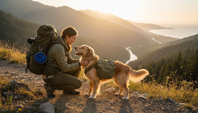 femme en montagne avec son chien avec harnais chien