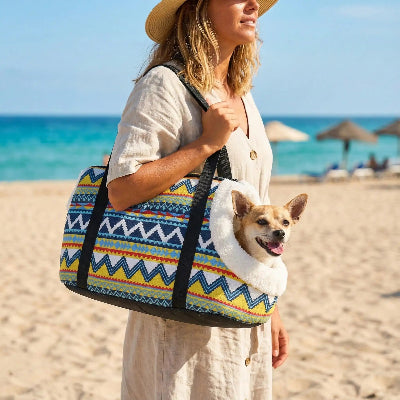 femme en vacances à la mer avec son chien dans sac de transport chien Voyage confort