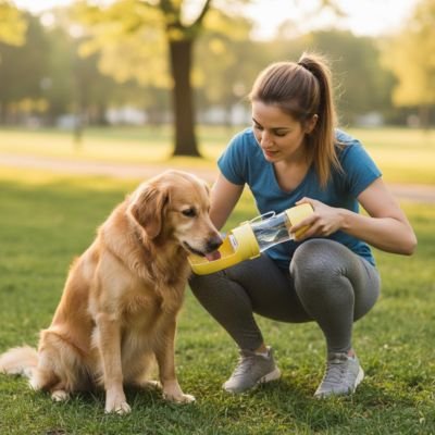 Femme faisant boire son chien dans une gourde pour chien Truffe Fraiche jaune