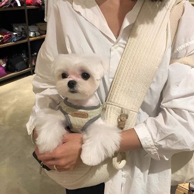 femme faisant du shopping avec son petit chien dans chien sac de transport City Hamac écru