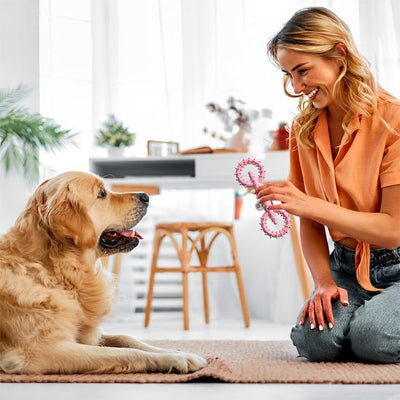 femme jouant avec son chien et un jouet chien indestructible  Mach'Dog rose