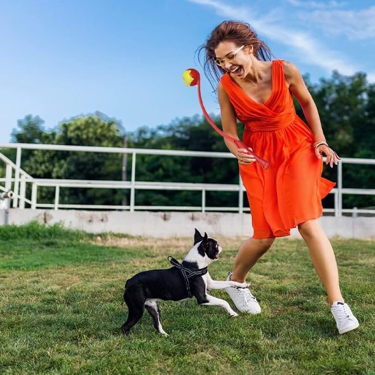 femme jouant sur la pelouse avec lanceur de balle pour chien rouge et son chien