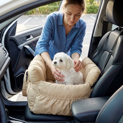 Femme posant son chien dans un siege auto chien Voyage Elite jaune