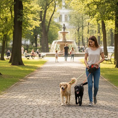 Femme promenant ses chien en laisse chien double Distributeur de sac rouge au parc