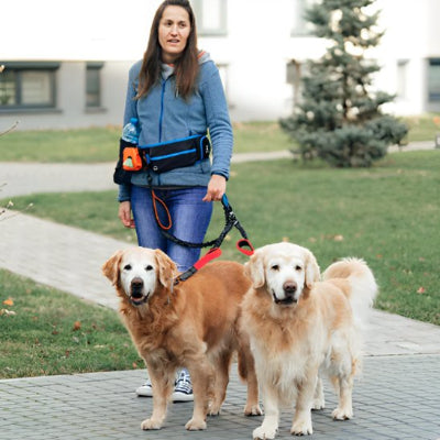 Femme promenant ses deux chiens en double laisse pour chien rouge