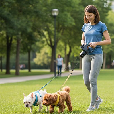 Femme promenant ses deux chiens en Laisse double pour Chiens Balade Jumelle grise au parc
