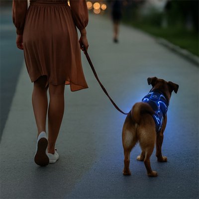 femme promenant son chien en chien harnais LumiChou bleu
