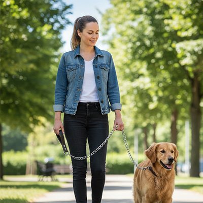 Femme promenant son chien en laisse pour chien Force Acier au parc