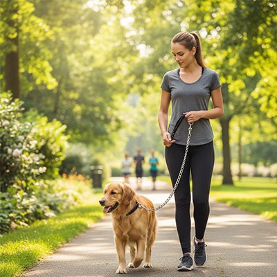 Femme promenant son chien heureux  en laisse pour chien Force Acier au parc
