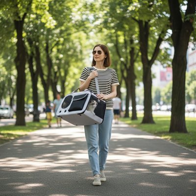Femme promenant son petit chien dans sac transport Chien Caravane noir