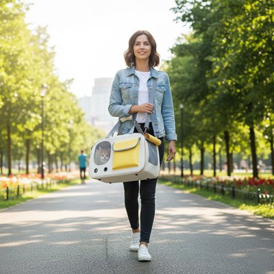 Femme promenant son petit chien dans sac transport Chien Caravane jaune