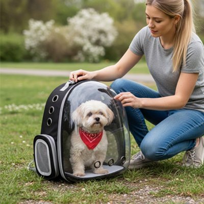 Femme regardant son petit chien dans sac à dos Chien Bulle noir