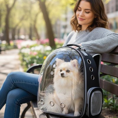 Femme sur un banc avec son petit chien dans sac à dos Chien Bulle noir