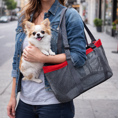 femme tenant son chien et portant son sac de transport pour chien Filet visibilité rouge a l 'épaule