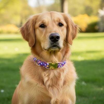 Golden assis avec Collier chiot Bella coeur mauve