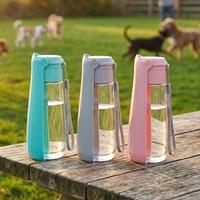 Gourde Chien Patte Soif Bleu,  Rose, Gris sur une table
