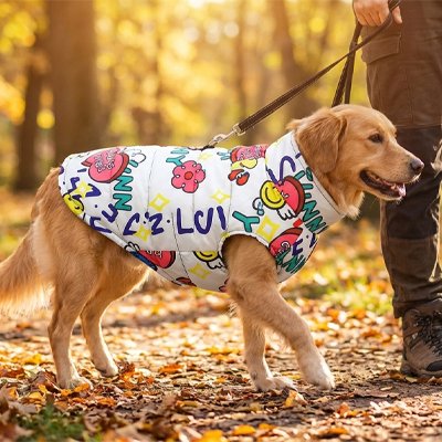 Gros chien en forêt avec manteau chien Cani Protect blanc