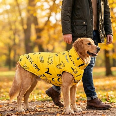 Gros chien en forêt avec son maitre en chien manteau Protection active jaune