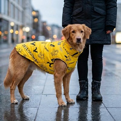 Gros chien en ville avec sa maitresse en chien manteau Protection active jaune