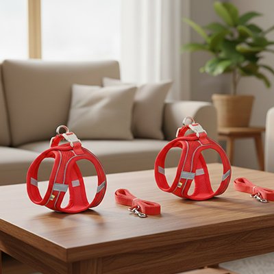 Harnais petit chien Doux Maintien rouge sur une table
