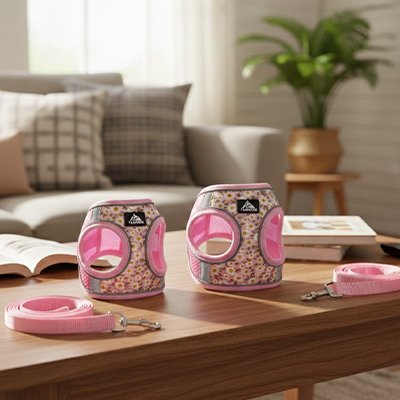 Harnais pour petit chien Léopard rose sur une table