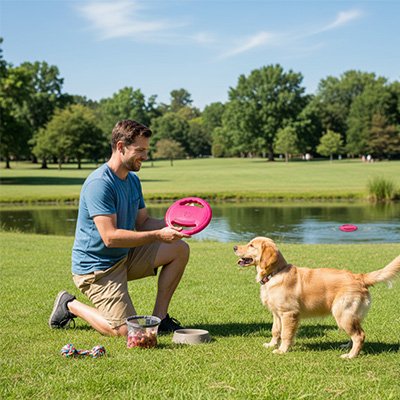 Homme au parc  a genoux montrant à son chien un Frisbee chien rose