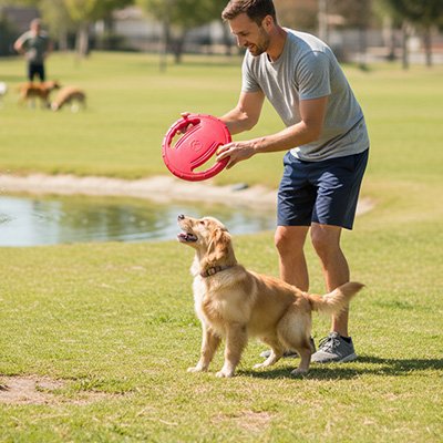 Homme au parc jouant avec son chien avec un Frisbee chien rose