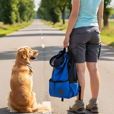 Homme avec son chien et sac à dos pour Chien Dorsal bleu sur la route