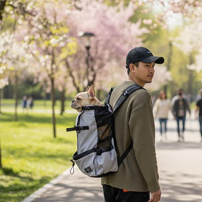 Homme en balade au parc avec son chien et sac à dos pour Chien Dorsal gris